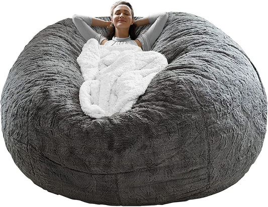 6ft Dark Grey Fluffy Velvet Bean Bag Chair Cover – Sofa Bed Cover for Living Room (Cover Only)